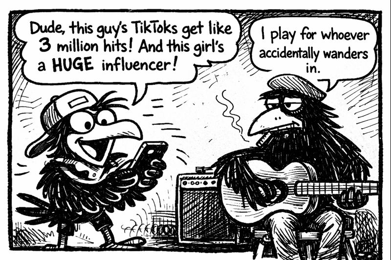 crow joe in the age of ai comic - kid crow, young crow with backwards hat and smartphone in hand, is talking how impressed he is with the number of followers influencers have on sites like tik tok and imagines that kind of reach.  crow joe the blues playing crow simply says 'i play for who ever accidently wanders in' crow joe is not an influencer